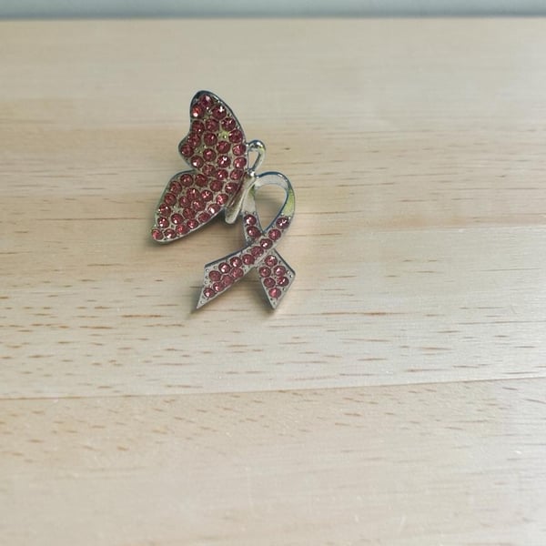 Breast Cancer Awareness Butterfly and Pink Ribbon Rhinestone Brooch Pin
