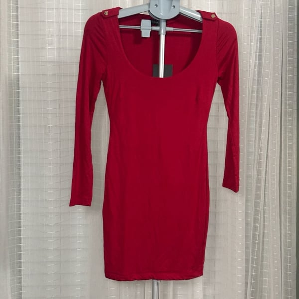 Jluxlabel Red Long Sleeve Scoop Neck Bodycon Mini Dress with Gold Shoulder Button Detail