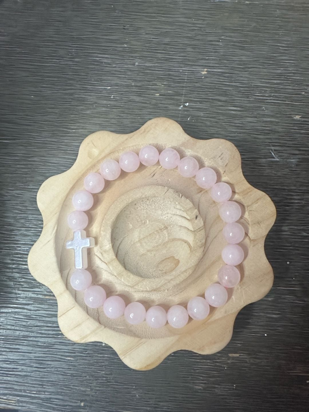 Rose Quartz Beaded Bracelet with a Cross 2