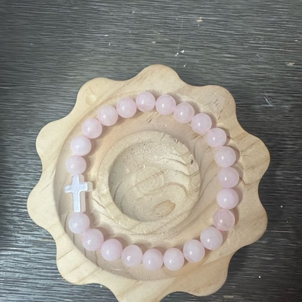 Rose Quartz Beaded Bracelet with a Cross
