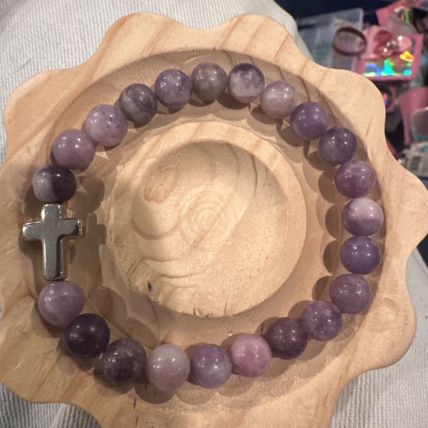 Natural Amethyst Beaded Stretch Bracelet with Silver-Tone Cross Charm