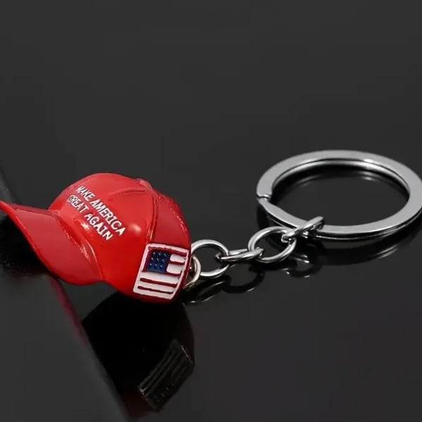 Make America Great Again MAGA Red Baseball Hat Metal Keychain with US Flag