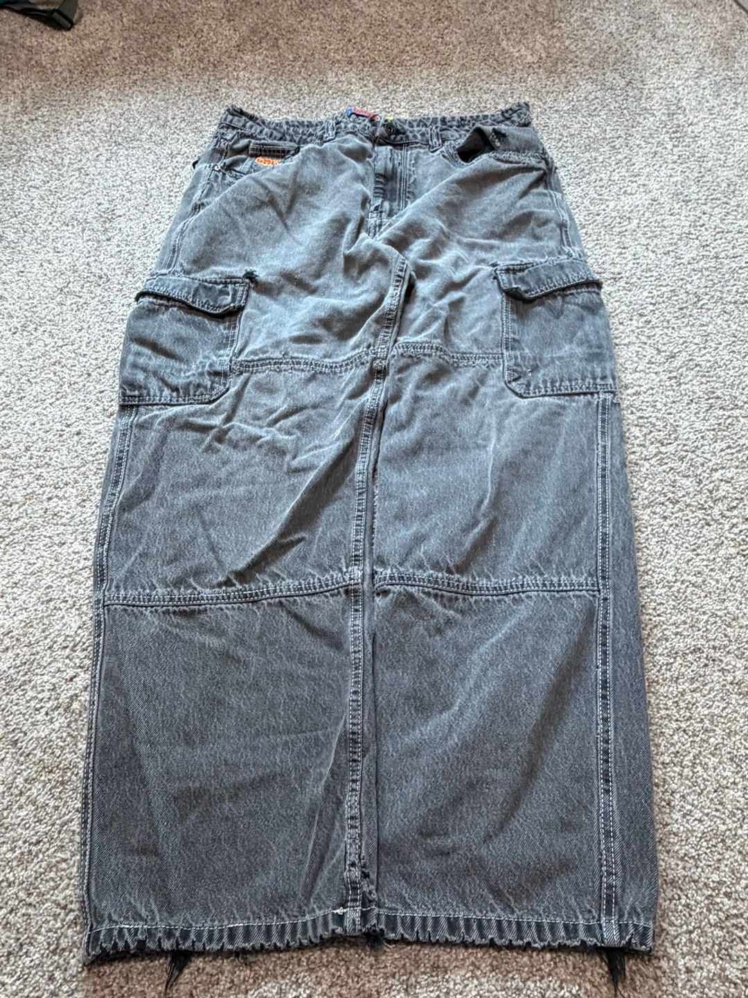 Empyre Men's Distressed Faded Black Denim Cargo Jean Skirt, Size 36 2