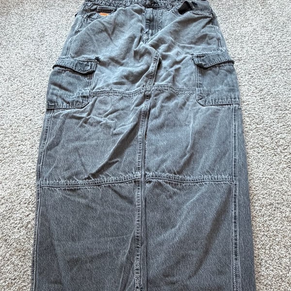 Empyre Men's Distressed Faded Black Denim Cargo Jean Skirt, Size 36