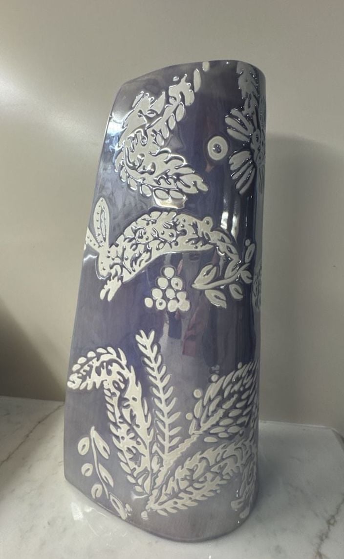 Anthropologie Ceramic Floral and Rabbit Patterned Decorative Vase 1