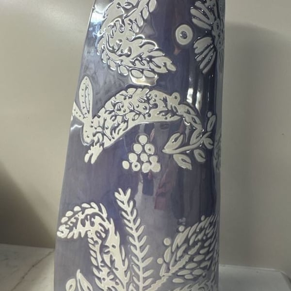 Anthropologie Ceramic Floral and Rabbit Patterned Decorative Vase
