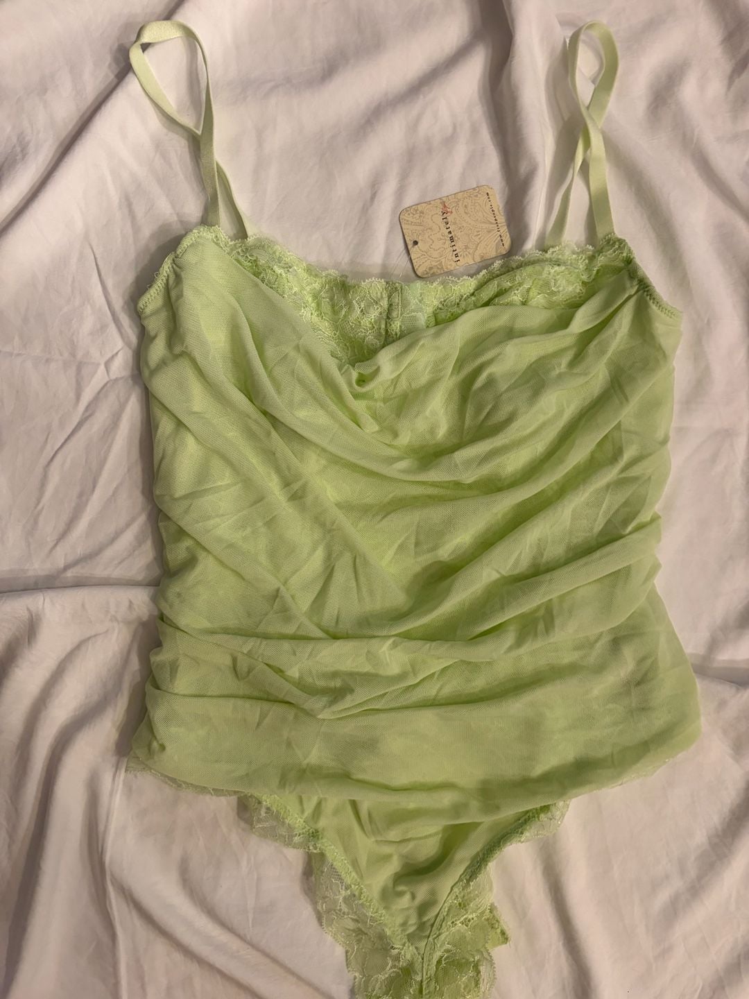 Intimately Free People Bodysuit Mesh Cowl Neck Ruched Lime Cream 1