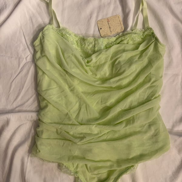 Intimately Free People Bodysuit Mesh Cowl Neck Ruched Lime Cream