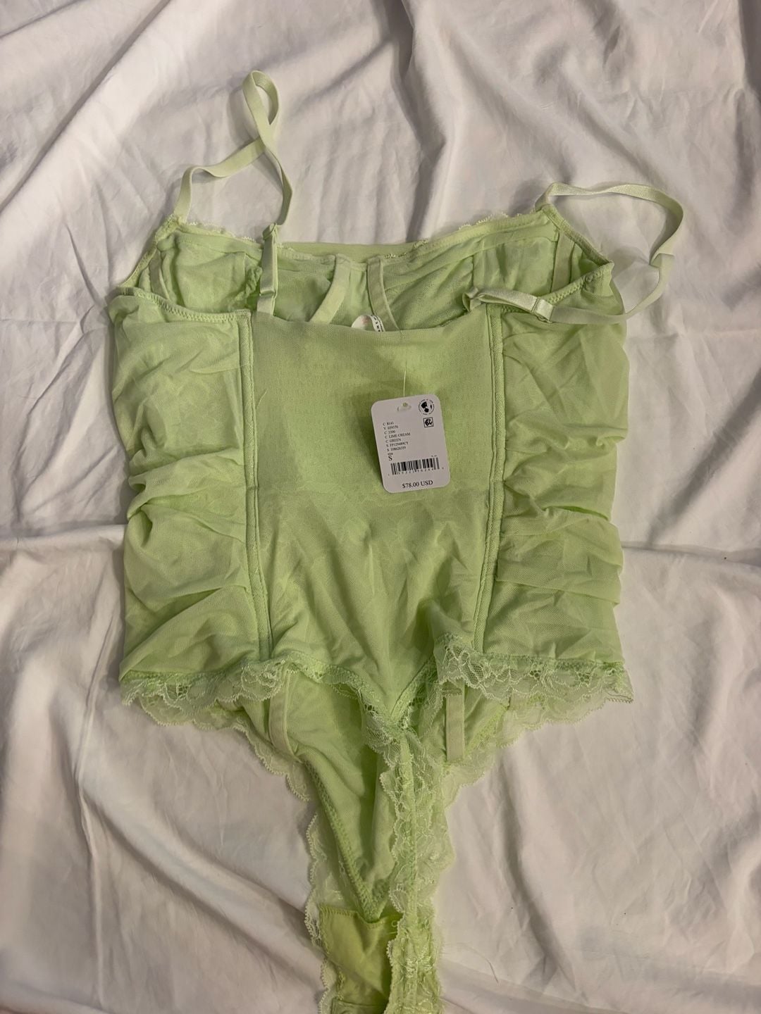 Intimately Free People Bodysuit Mesh Cowl Neck Ruched Lime Cream 2