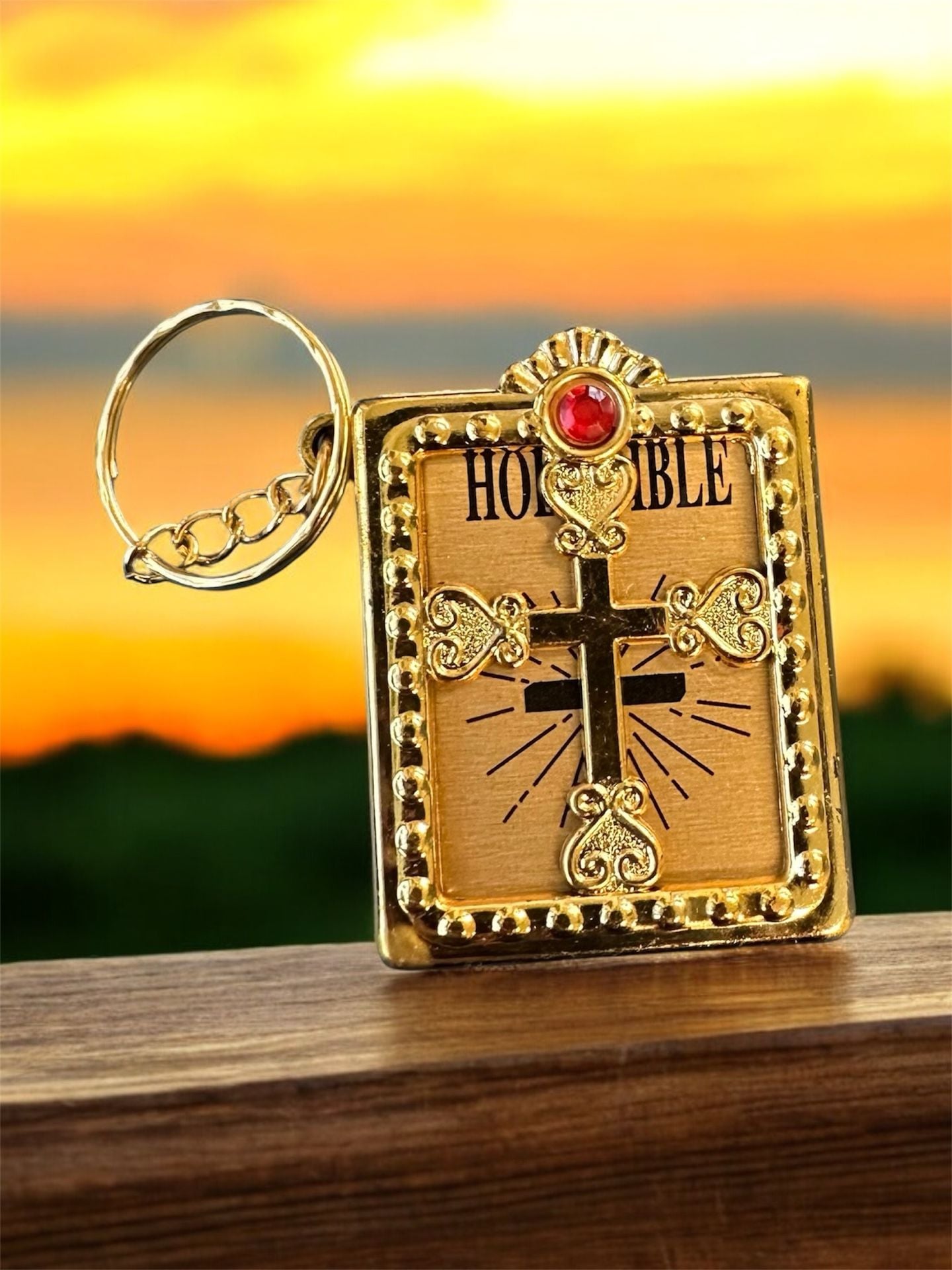 Miniature Holy Bible Keychain with Gold Cross and Rhinestone Accent 2