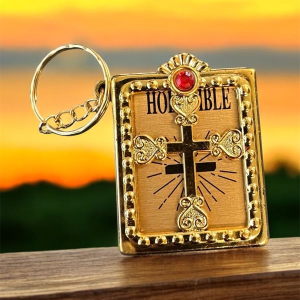 Miniature Holy Bible Keychain with Gold Cross and Rhinestone Accent