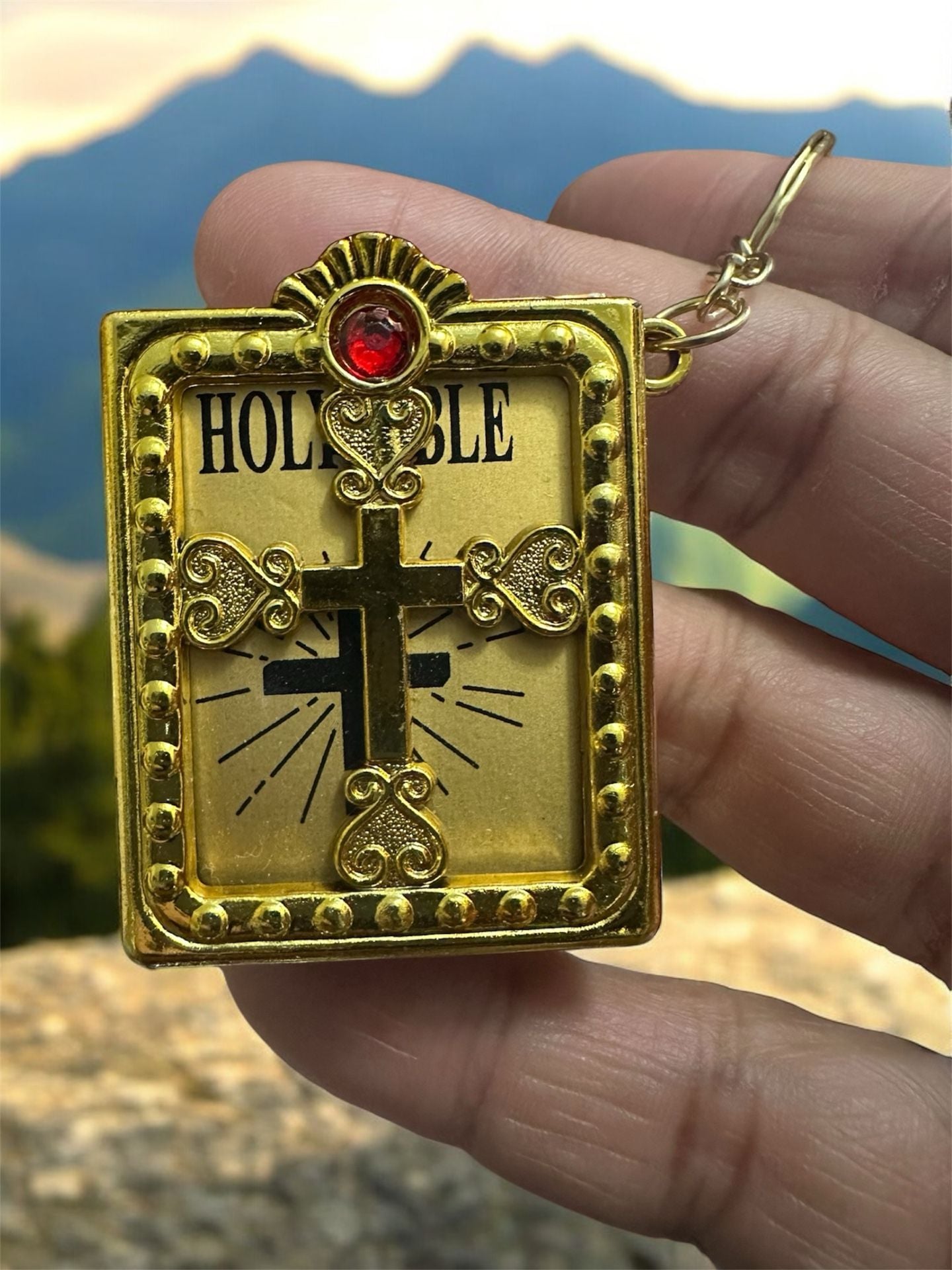 Miniature Holy Bible Keychain with Gold Cross and Rhinestone Accent 4