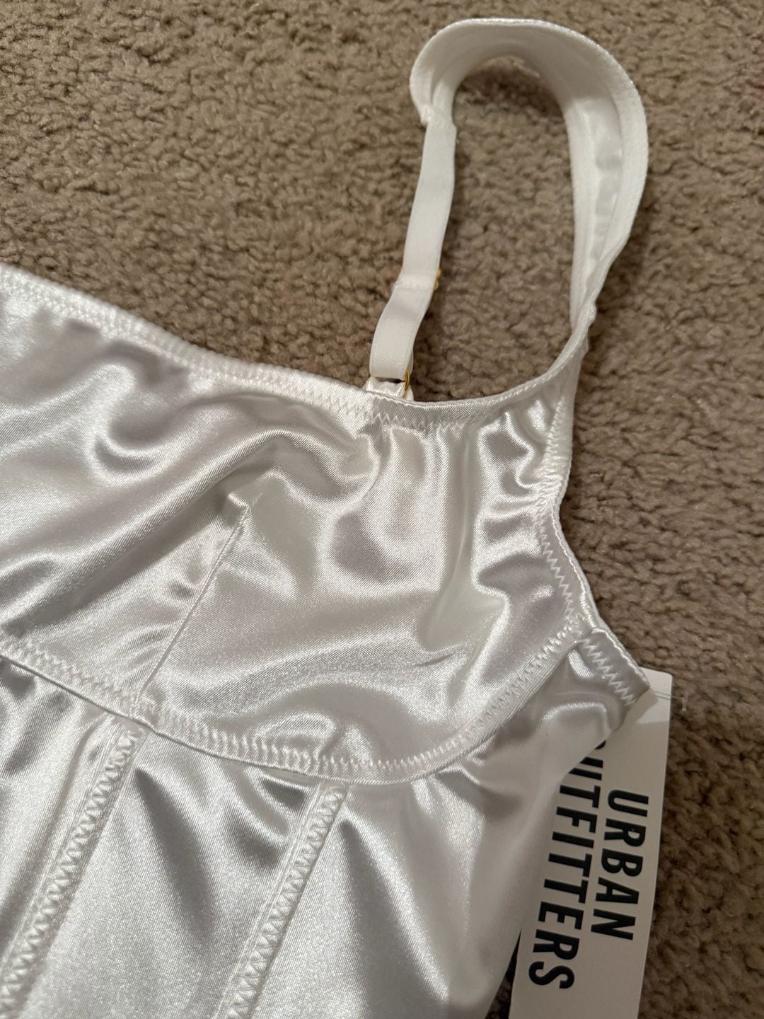 Urban Outfitters Ivory Satin Corset Crop Top with Straps 9