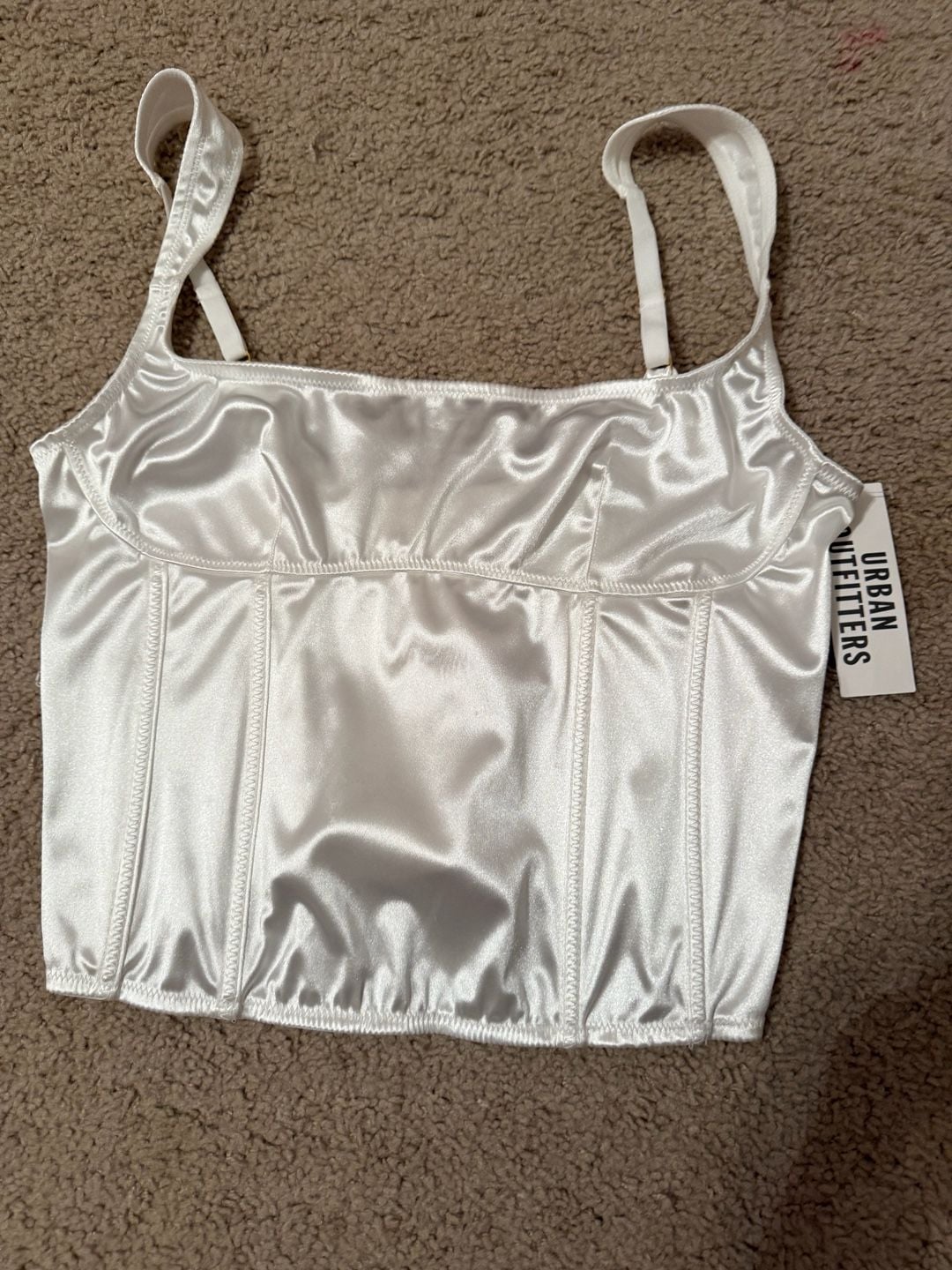 Urban Outfitters Ivory Satin Corset Crop Top with Straps 10