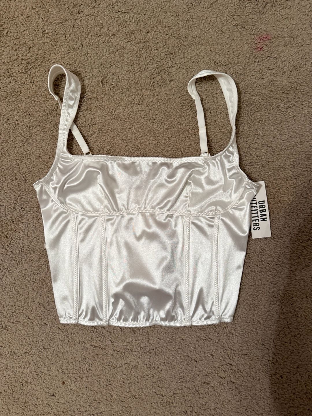 Urban Outfitters Ivory Satin Corset Crop Top with Straps 11