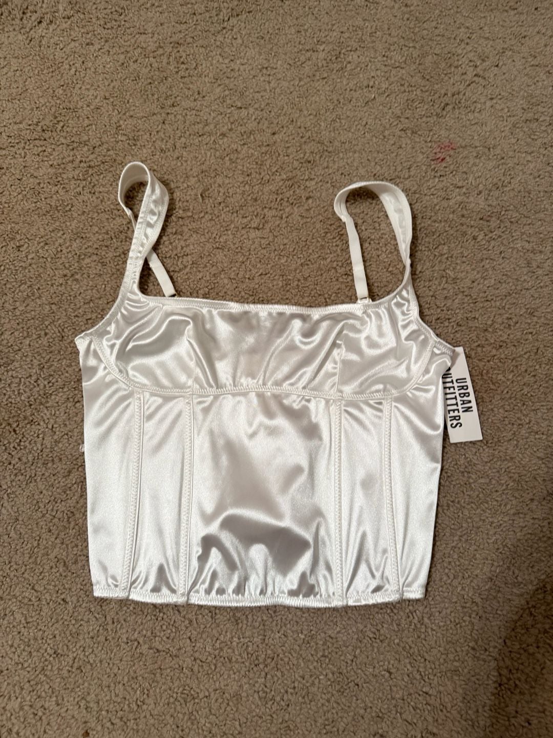 Urban Outfitters Ivory Satin Corset Crop Top with Straps 12