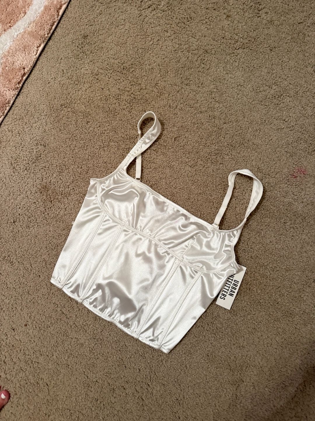 Urban Outfitters Ivory Satin Corset Crop Top with Straps 13