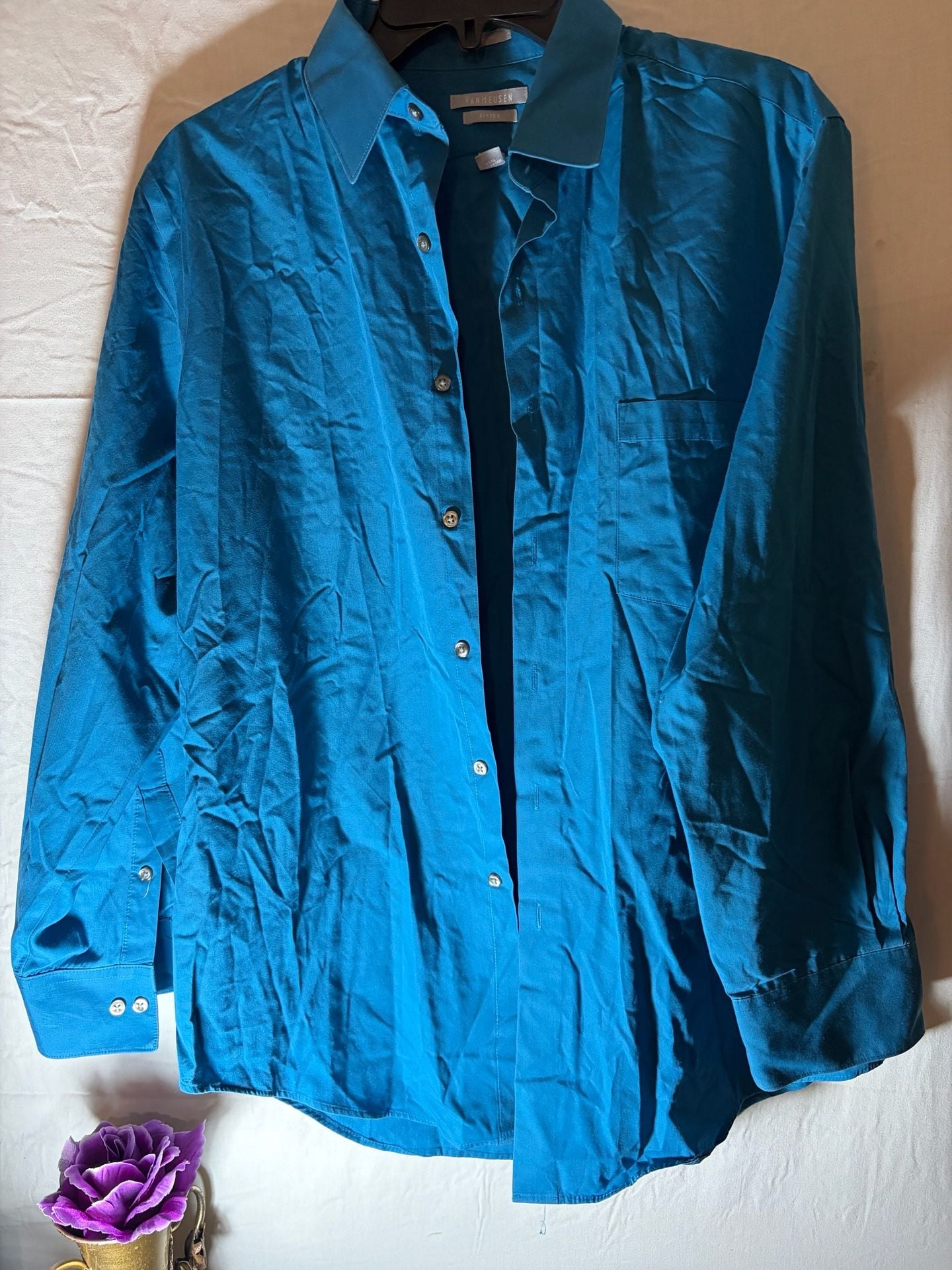 Van Heusen Men's Fitted Long Sleeve Button Up Dress Shirt Teal Blue Size 16 2