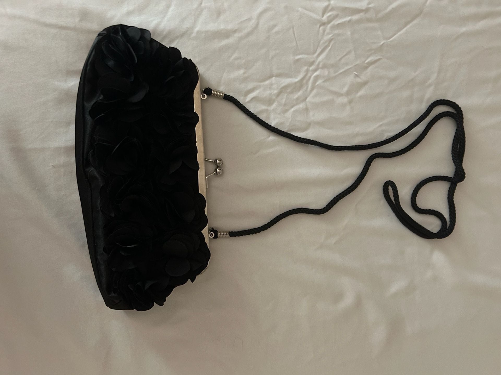 Jacqueline Ferrar Black Satin Evening Clutch with 3D Floral Petal Applique and Metal Clasp 2