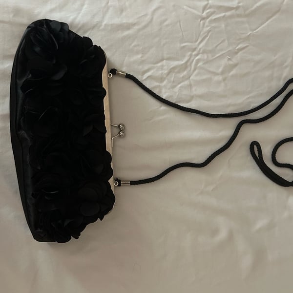 Jacqueline Ferrar Black Satin Evening Clutch with 3D Floral Petal Applique and Metal Clasp