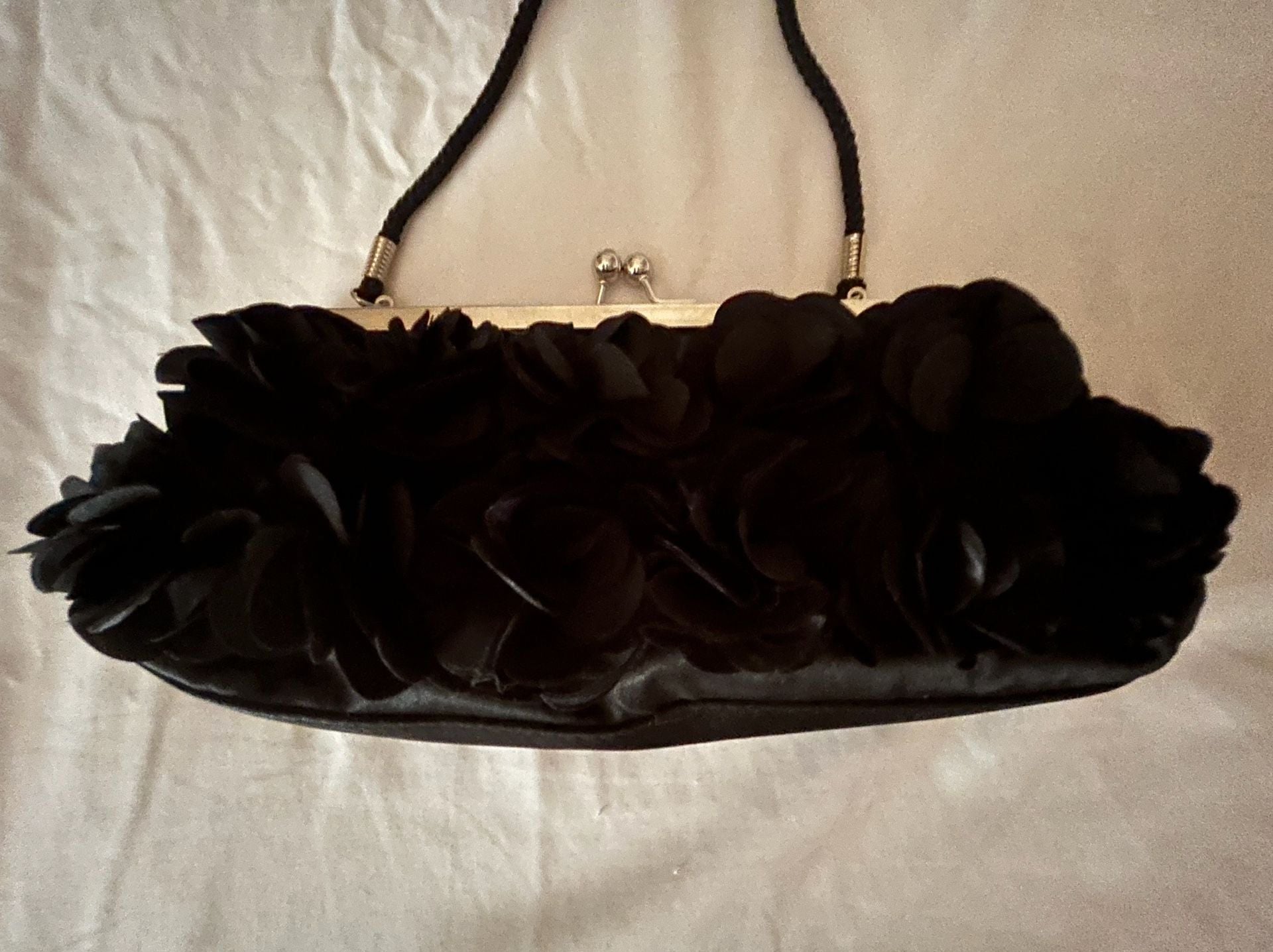 Jacqueline Ferrar Black Satin Evening Clutch with 3D Floral Petal Applique and Metal Clasp 3