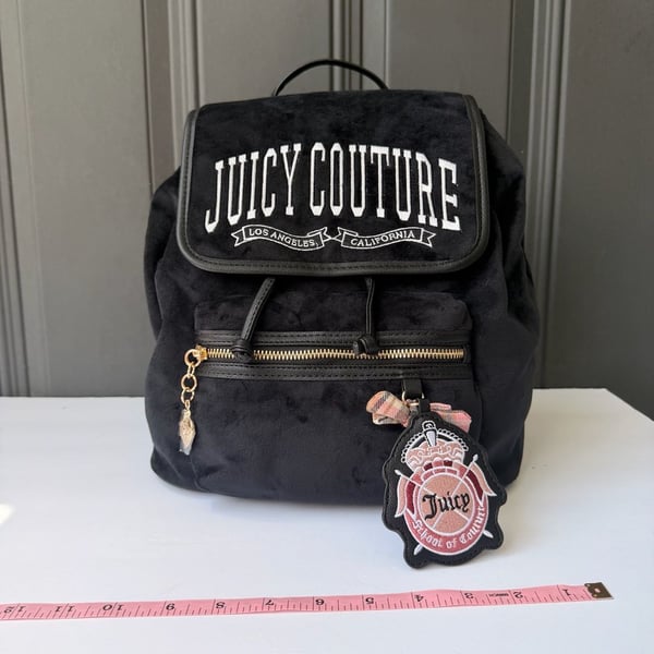 Juicy Couture BlackVelour Drawstring Backpack withLogo Embroidery&Heritage Charm