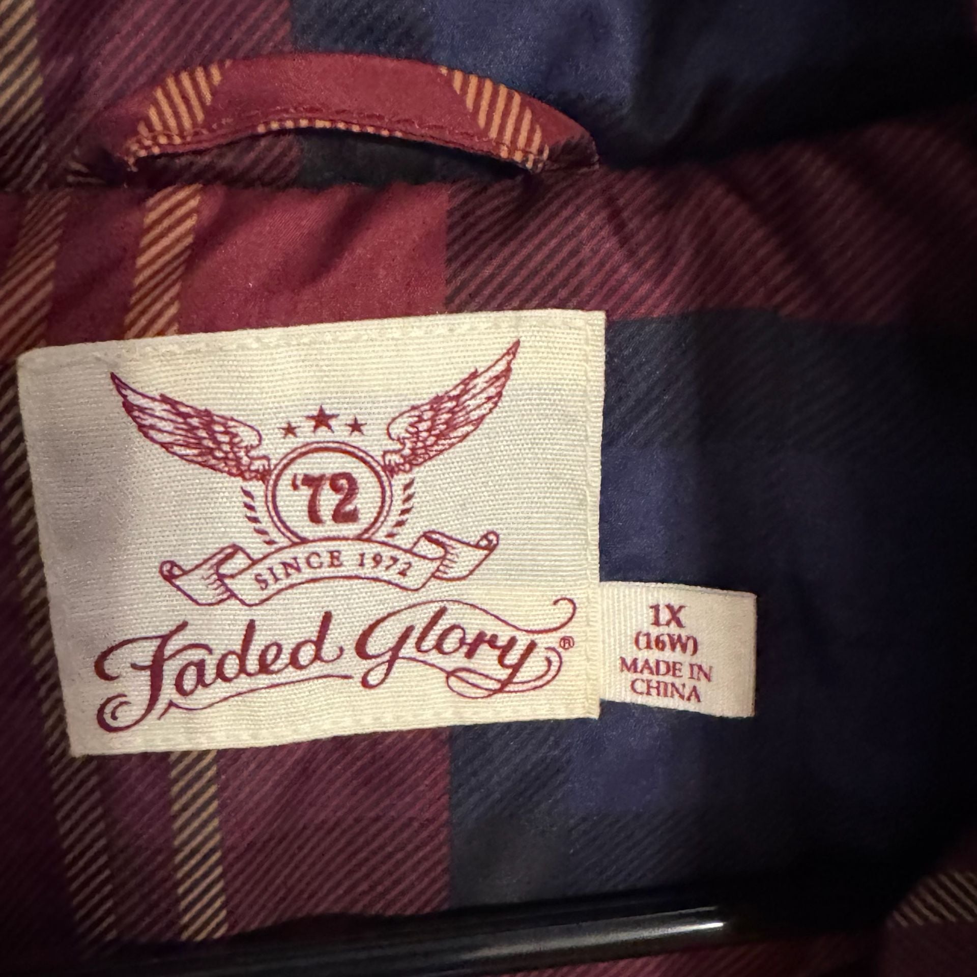 Faded Glory Women’s 1X 16W Burgundy Navy Plaid Quilted Jacket Country Western 4