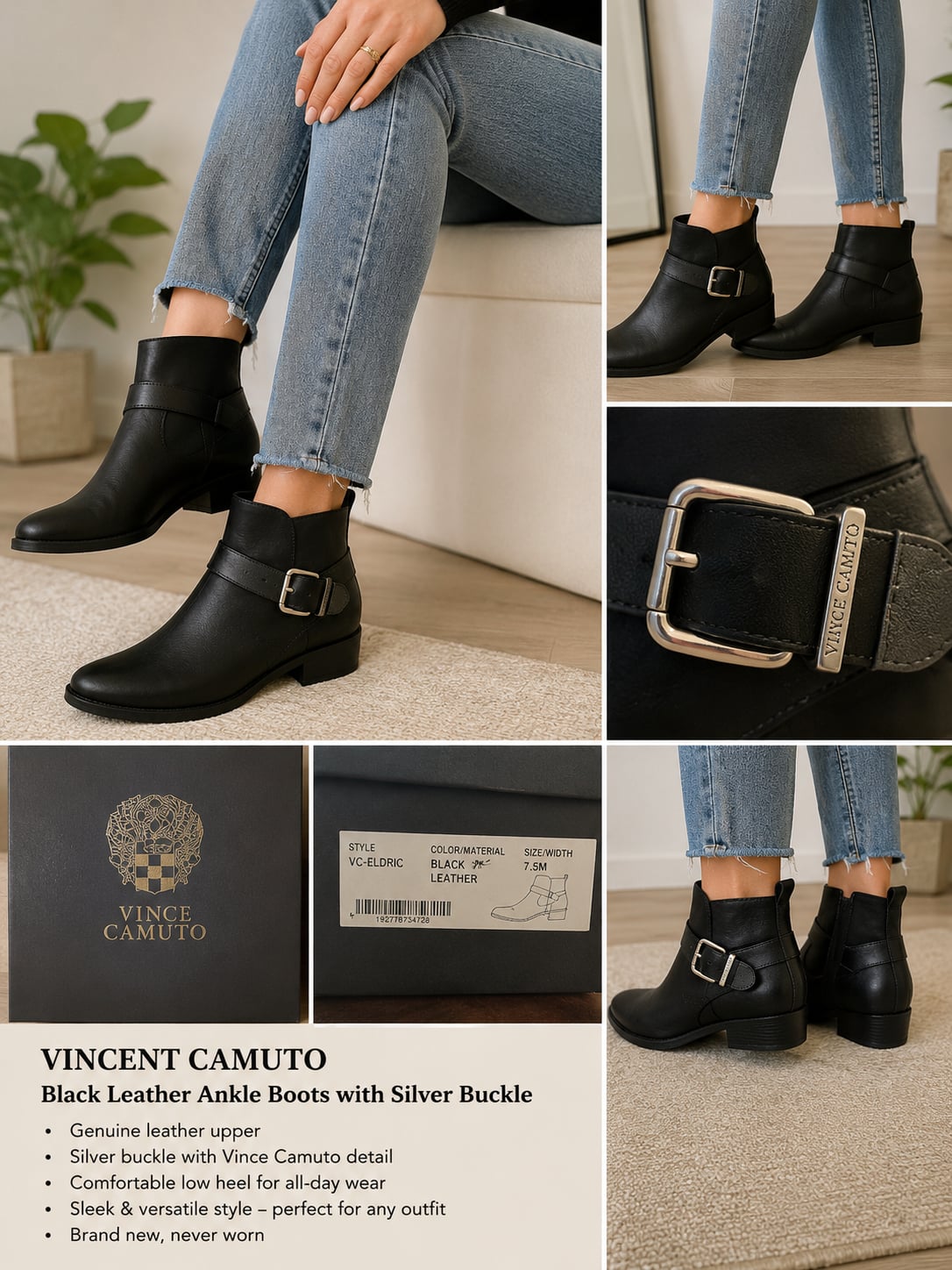 Vince Camuto VC-Romeo Black Leather Buckle Ankle Booties 4