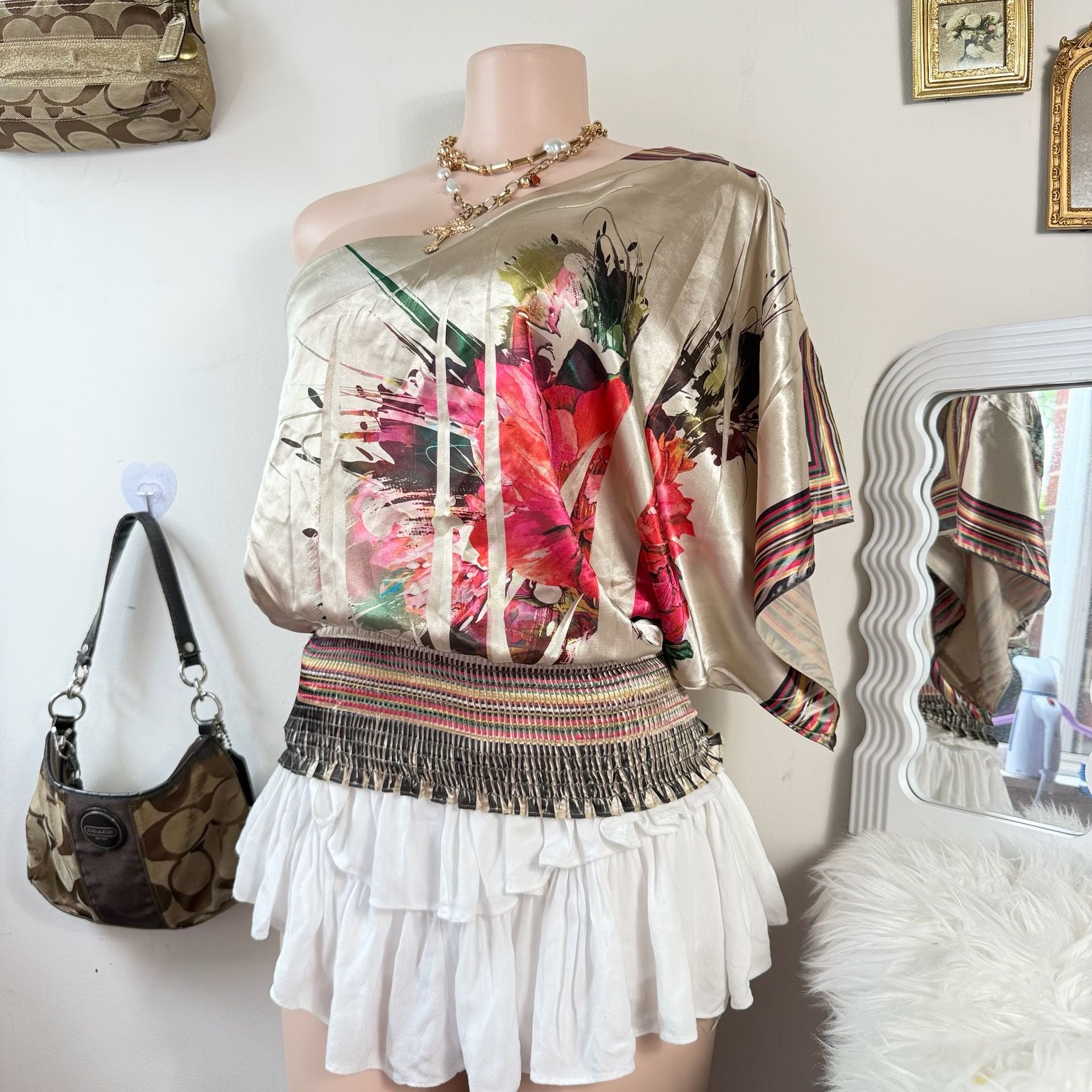 Vintage Y2K Satin One Shoulder Floral Blouse Boho Tropical Resort Party Top 2