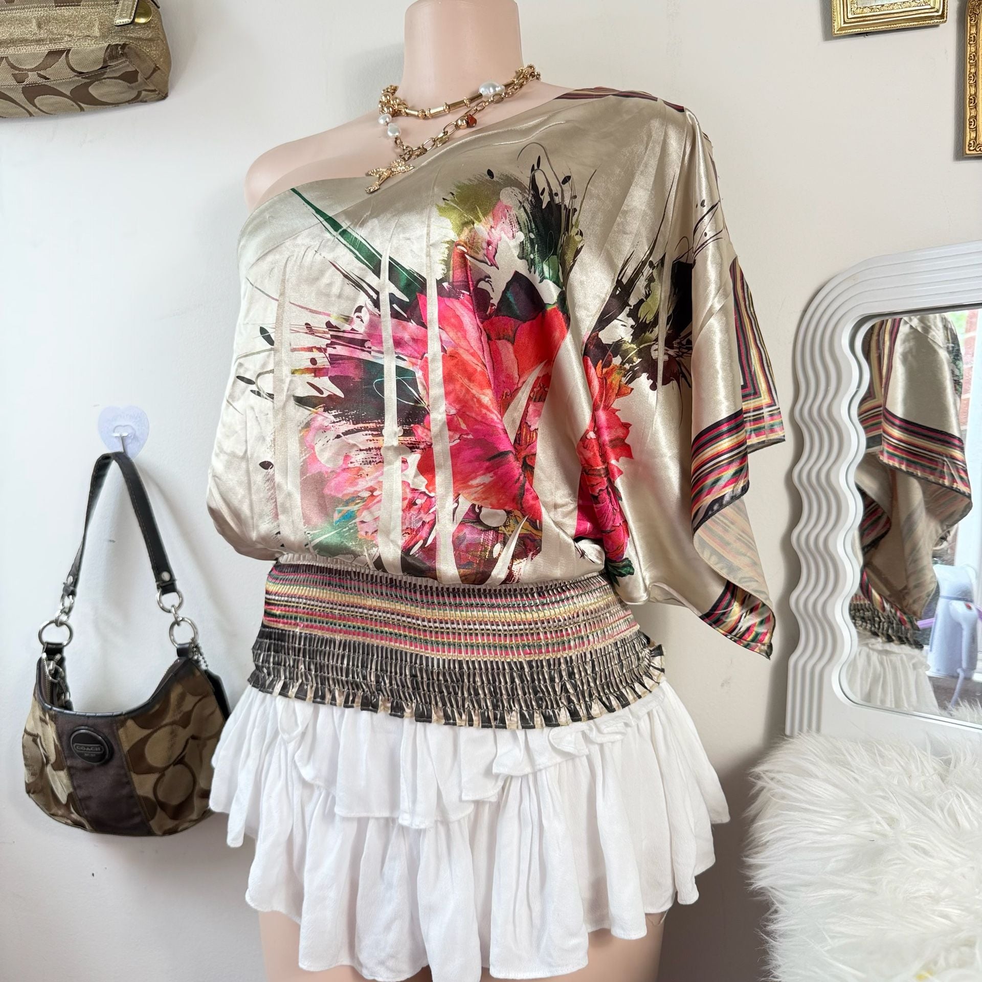 Vintage Y2K Satin One Shoulder Floral Blouse Boho Tropical Resort Party Top 3