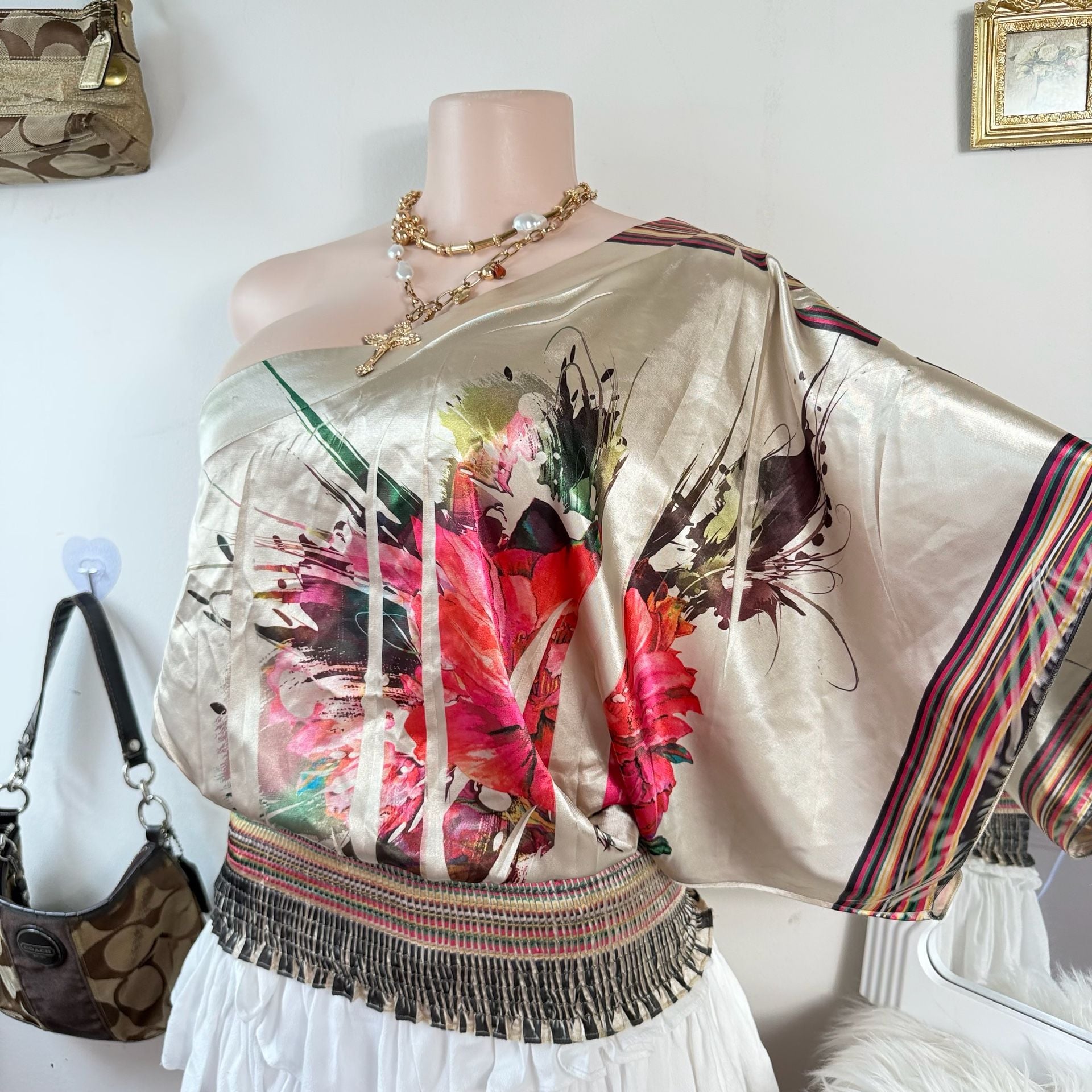 Vintage Y2K Satin One Shoulder Floral Blouse Boho Tropical Resort Party Top 4