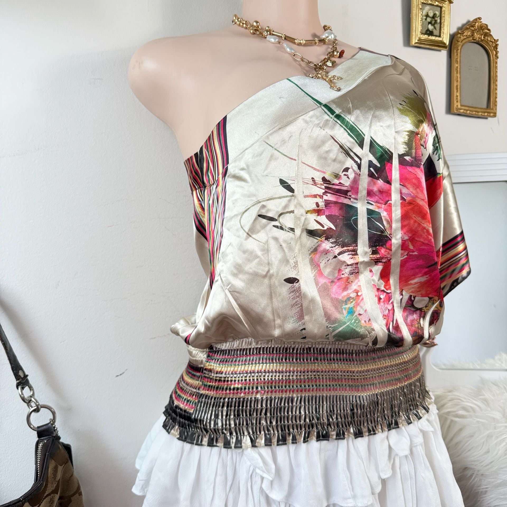 Vintage Y2K Satin One Shoulder Floral Blouse Boho Tropical Resort Party Top 5