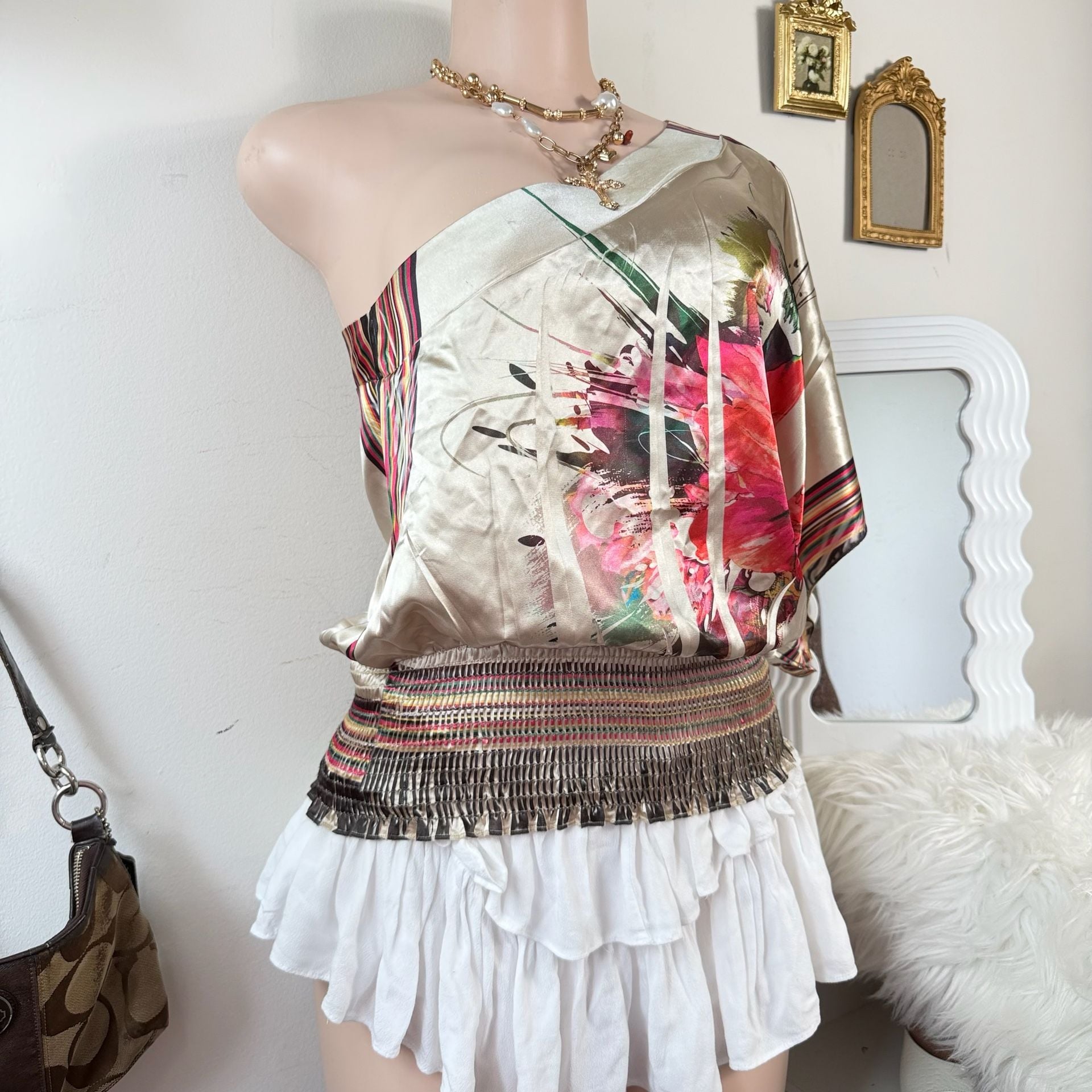 Vintage Y2K Satin One Shoulder Floral Blouse Boho Tropical Resort Party Top 6
