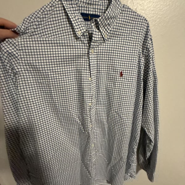 Ralph Lauren Men's Long Sleeve Button Down Shirt in White and Blue Grid Check