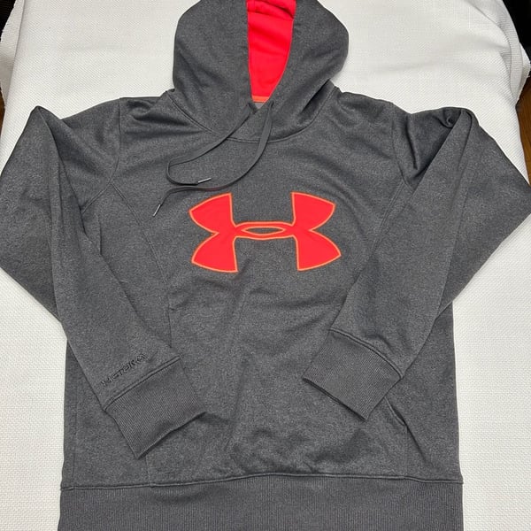 Under Armour Women's ColdGear Storm Semi-Fitted Pullover Hoodie Gray with Neon Pink Logo