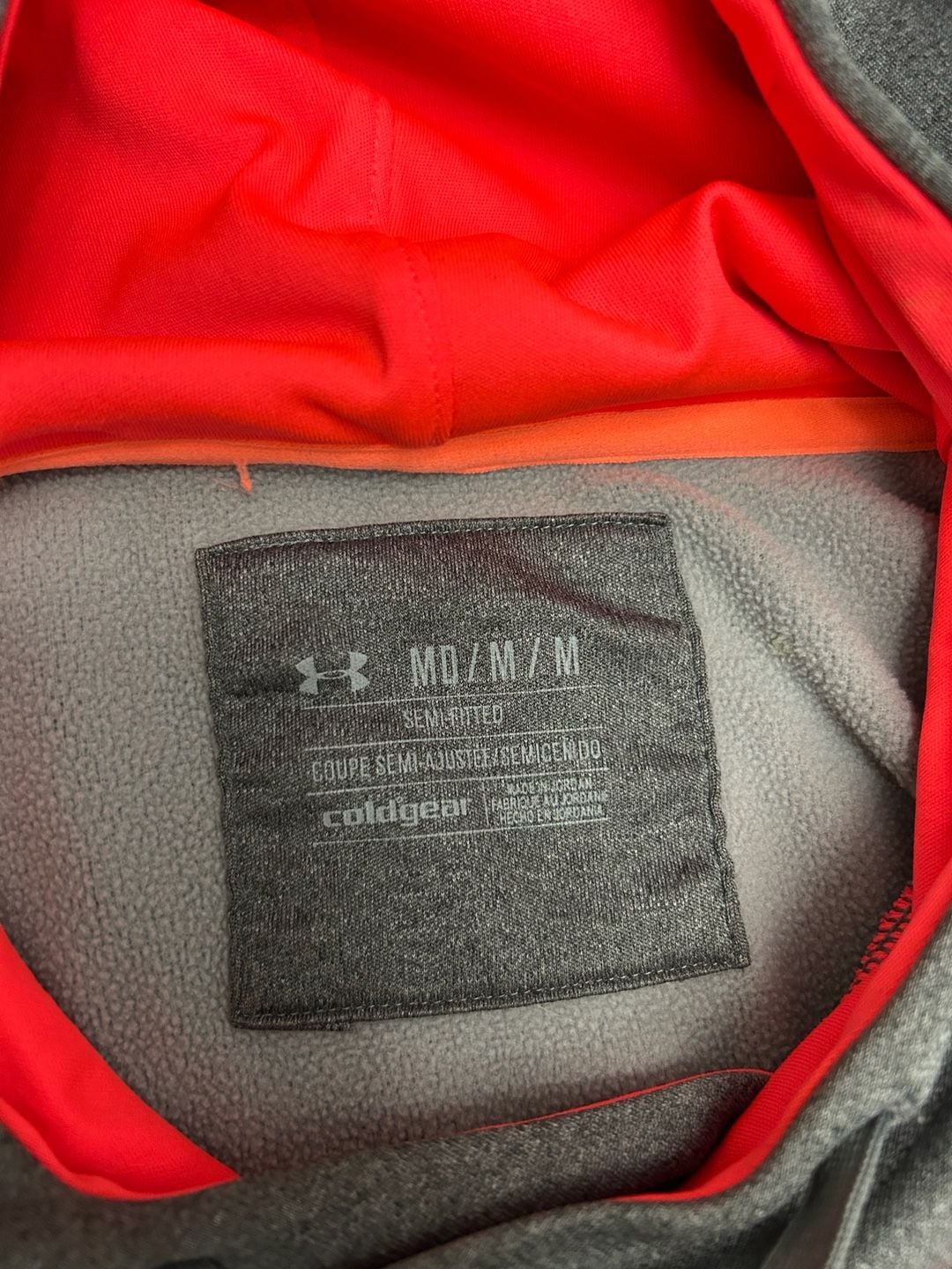 Under Armour Women's ColdGear Storm Semi-Fitted Pullover Hoodie Gray with Neon Pink Logo 3