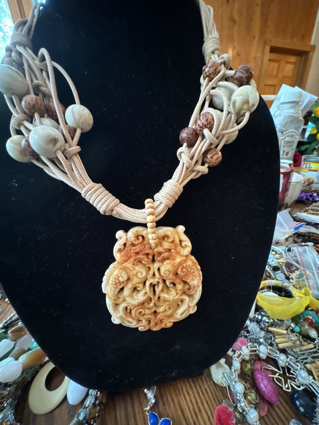Bohemian Statement Necklace with Large Carved Resin Dragon Pendant and Beaded Cord 2