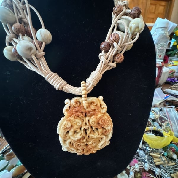 Bohemian Statement Necklace with Large Carved Resin Dragon Pendant and Beaded Cord