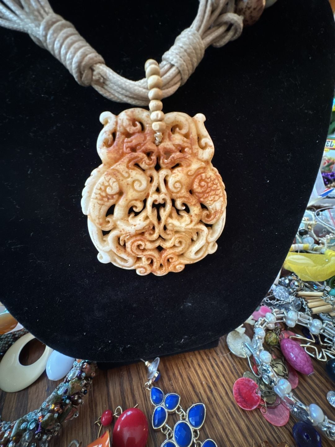 Bohemian Statement Necklace with Large Carved Resin Dragon Pendant and Beaded Cord 3