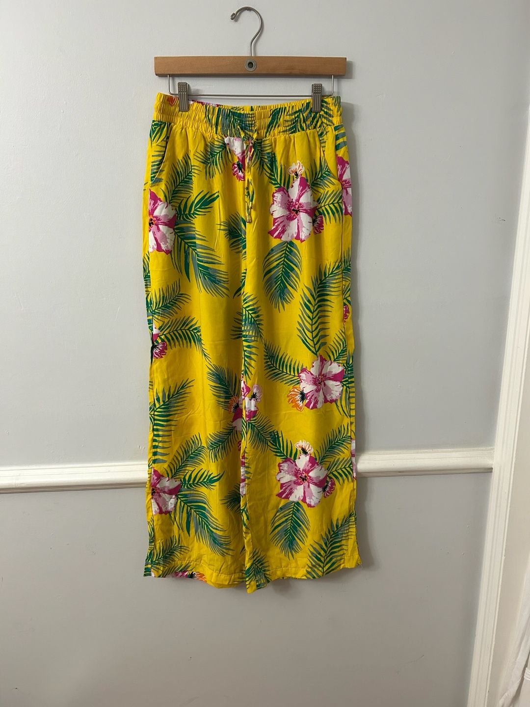 Indero Yellow Tropical Hibiscus Print High Waist Wide Leg Pants 2