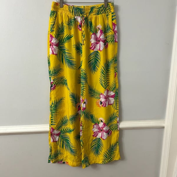 Indero Yellow Tropical Hibiscus Print High Waist Wide Leg Pants