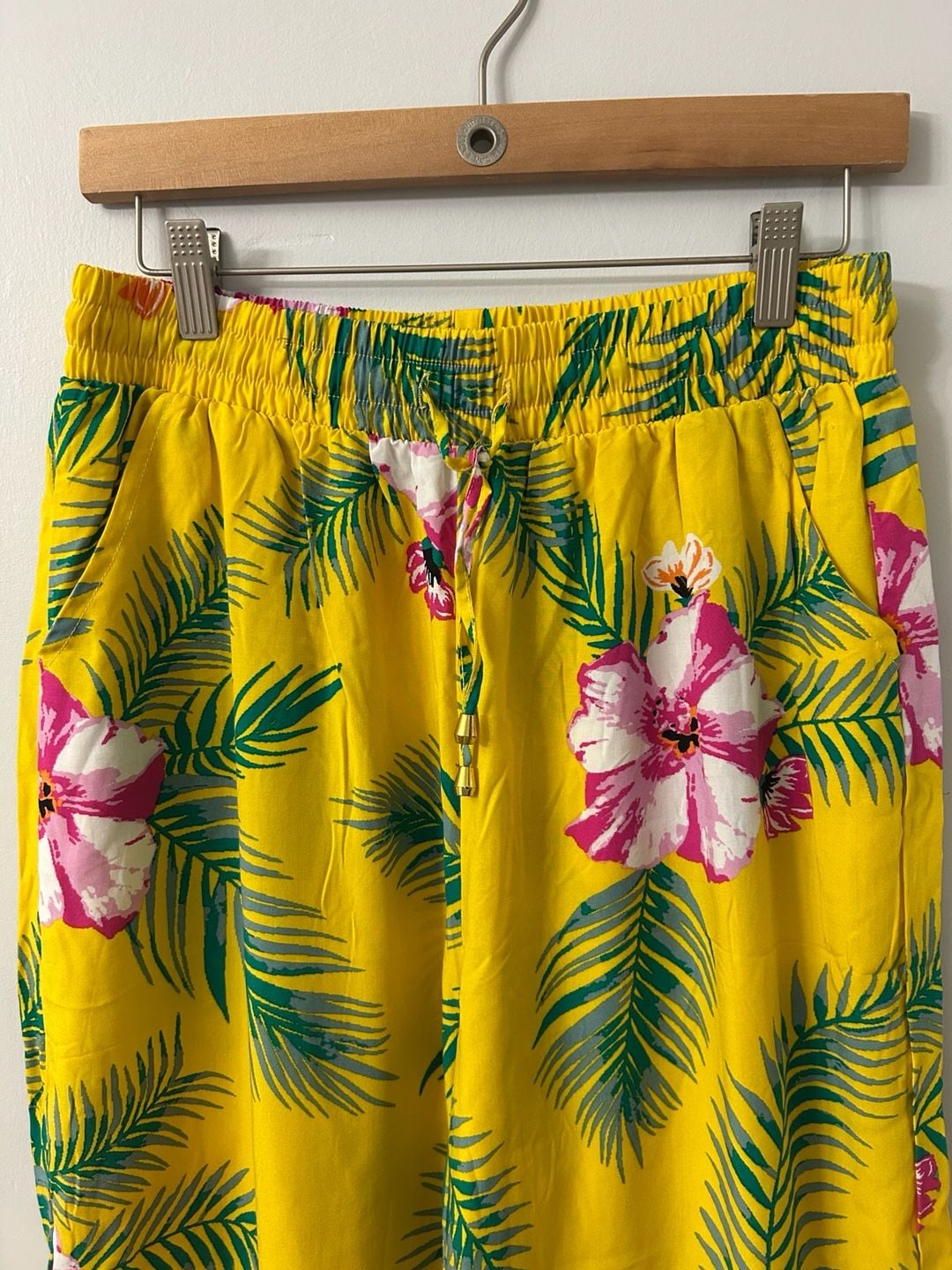 Indero Yellow Tropical Hibiscus Print High Waist Wide Leg Pants 7