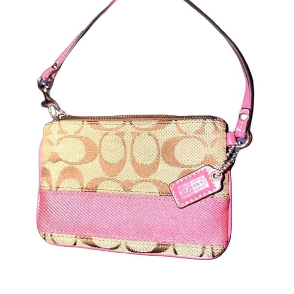 Coach Signature Canvas Wristlet with Pink Stripe