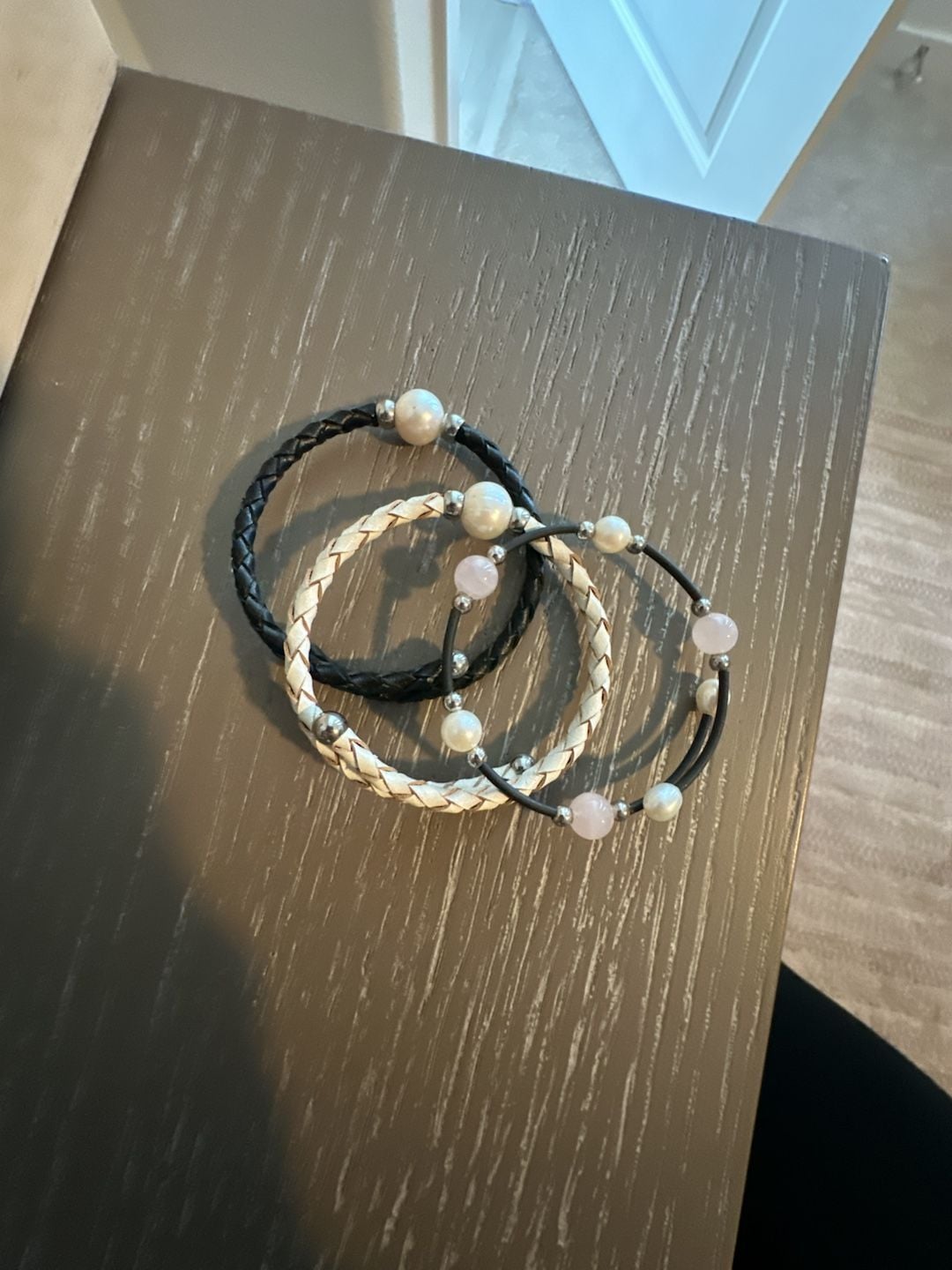 Set of 3 Braided Leather and Freshwater Pearl Bead Bracelets 1