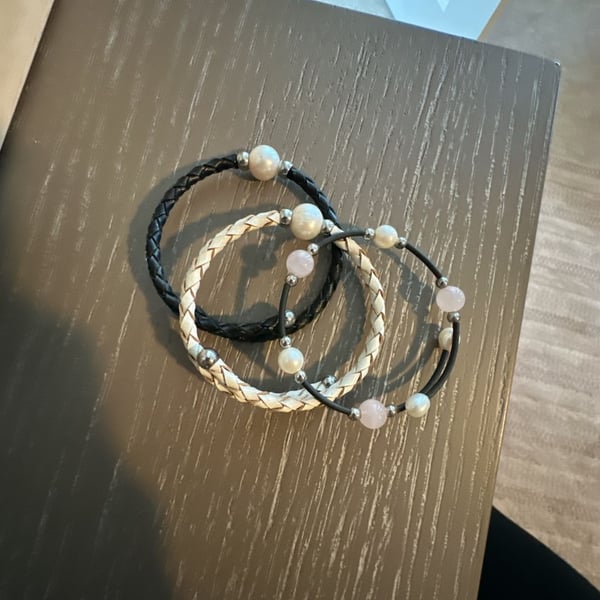 Set of 3 Braided Leather and Freshwater Pearl Bead Bracelets