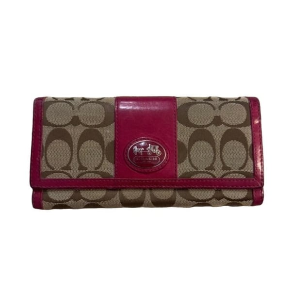 Coach Signature Canvas and Pink Leather Continental Flap Wallet