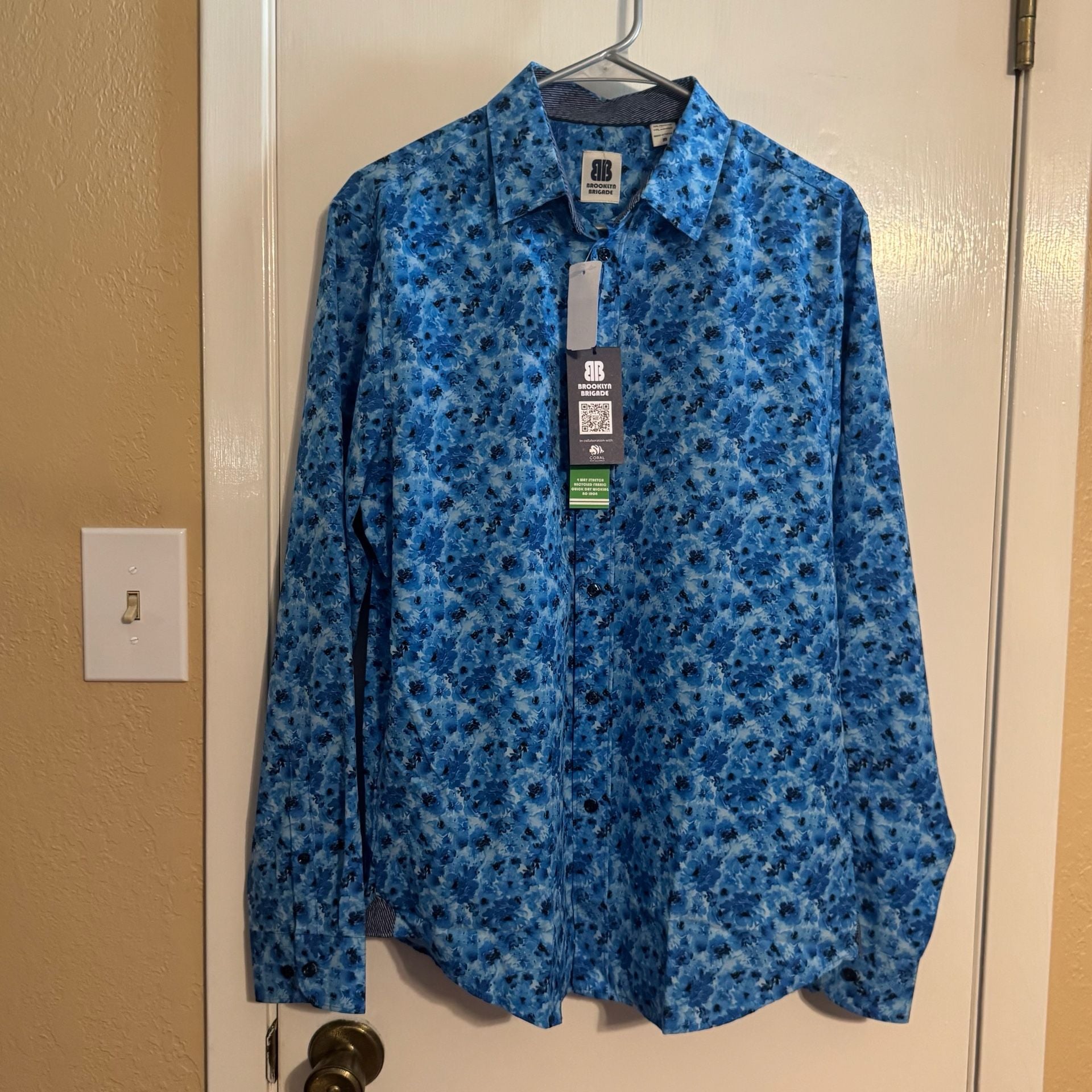 NWT Brooklyn Brigade Maverick Men’s M Blue Floral Performance Shirt Stretch 3