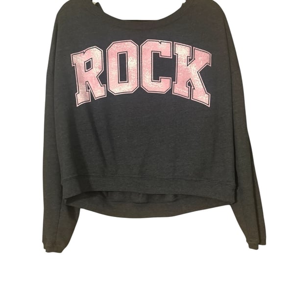 CaliLu Girl Black Graphic CrewSweatshirt with ROCK Lettering and Leopard back