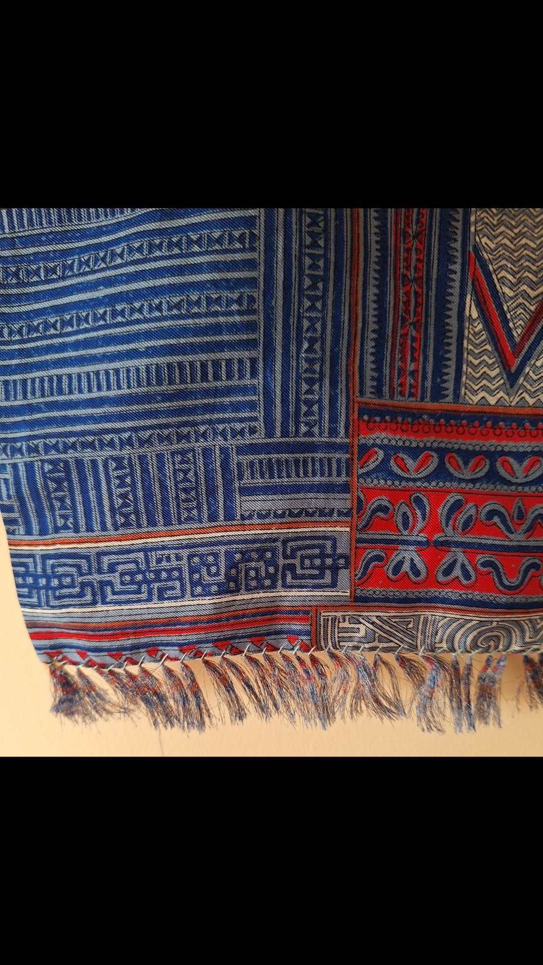 Vintage Indian Silk Batik Print Patterned Scarf with Fringed Ends 1