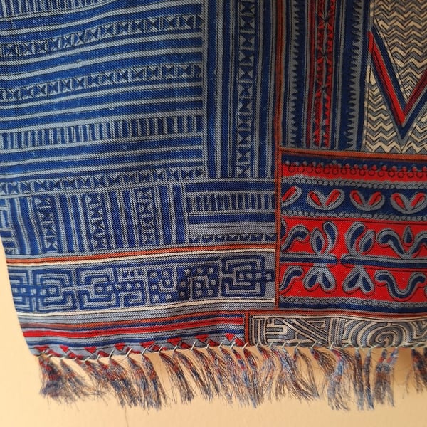 Vintage Indian Silk Batik Print Patterned Scarf with Fringed Ends